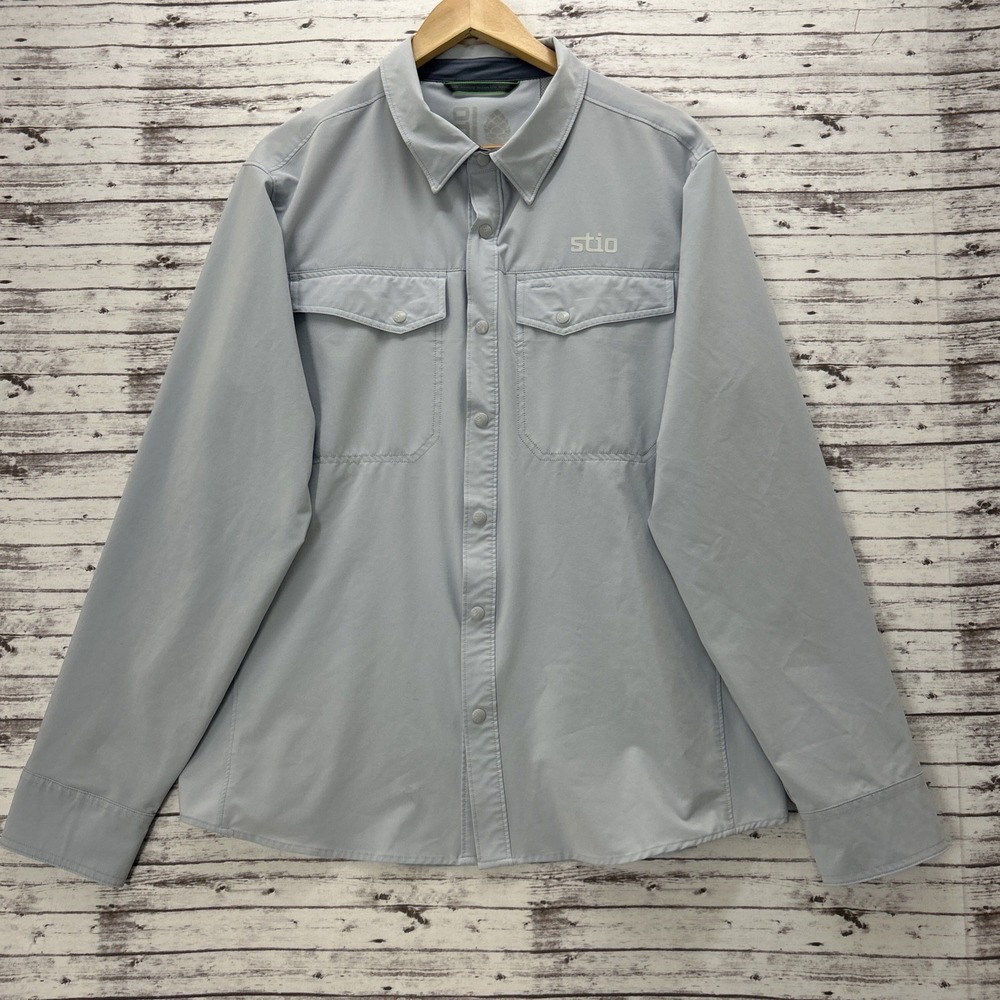 Stio CFS Shirt Mens Large Light Gray LS Snap Buttons Stretch UPF 50+ Outdoor